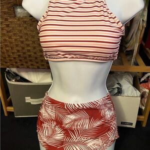 Striped and Leaf Print Bikini Set